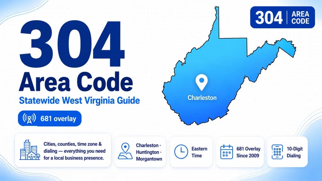 Map of West Virginia marking Charleston, Huntington and Morgantown with a 304 badge