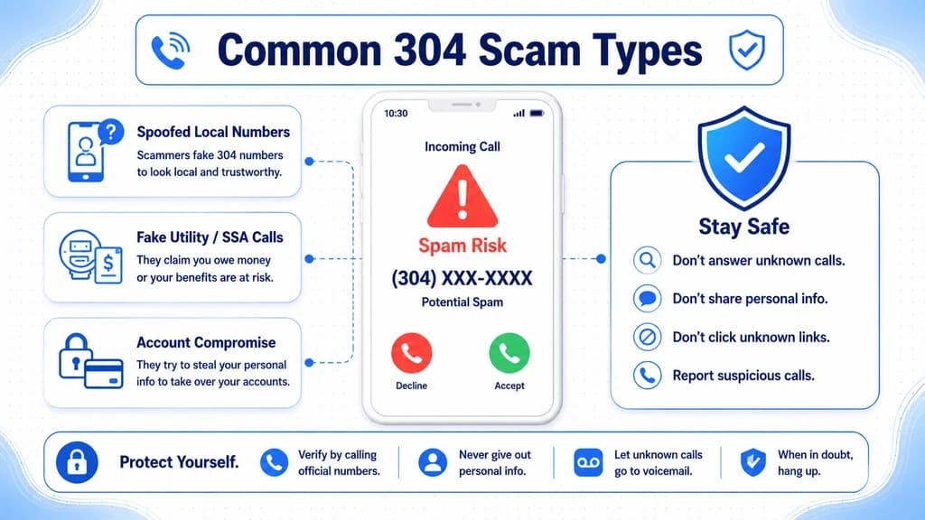 Flagged 304 spam-risk call beside common scam-type warning cards