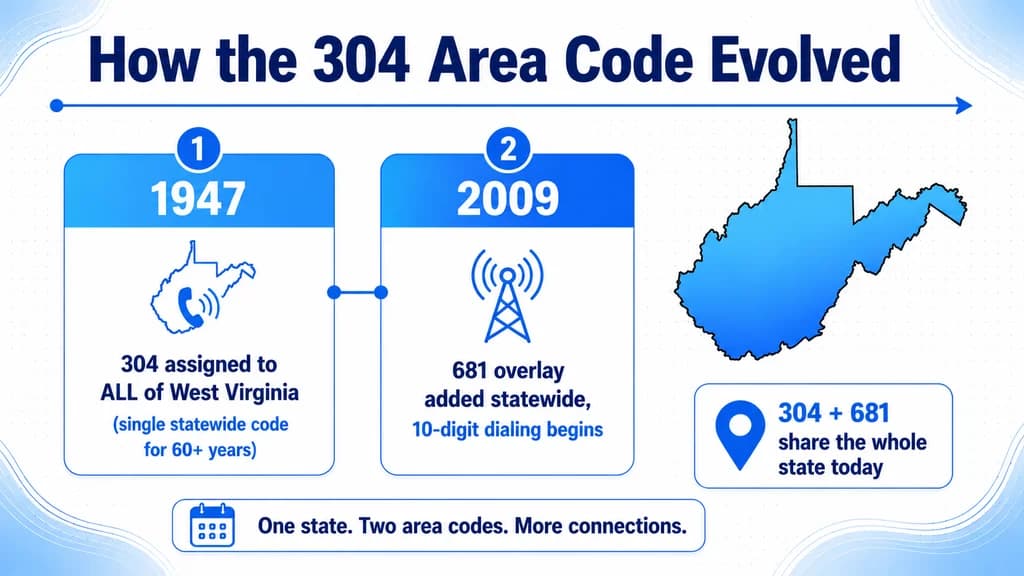 Timeline of the 304 area code and the 2009 681 overlay