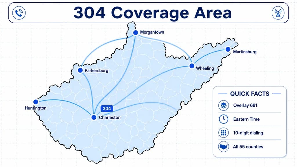 Coverage map of West Virginia marking major 304 cities