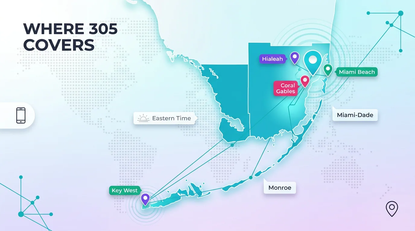 Map showing where the 305 area code covers across South Florida and the Florida Keys