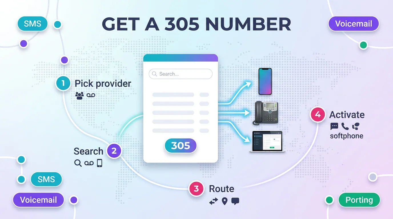 Steps to get a 305 number: pick provider, search, route, and activate
