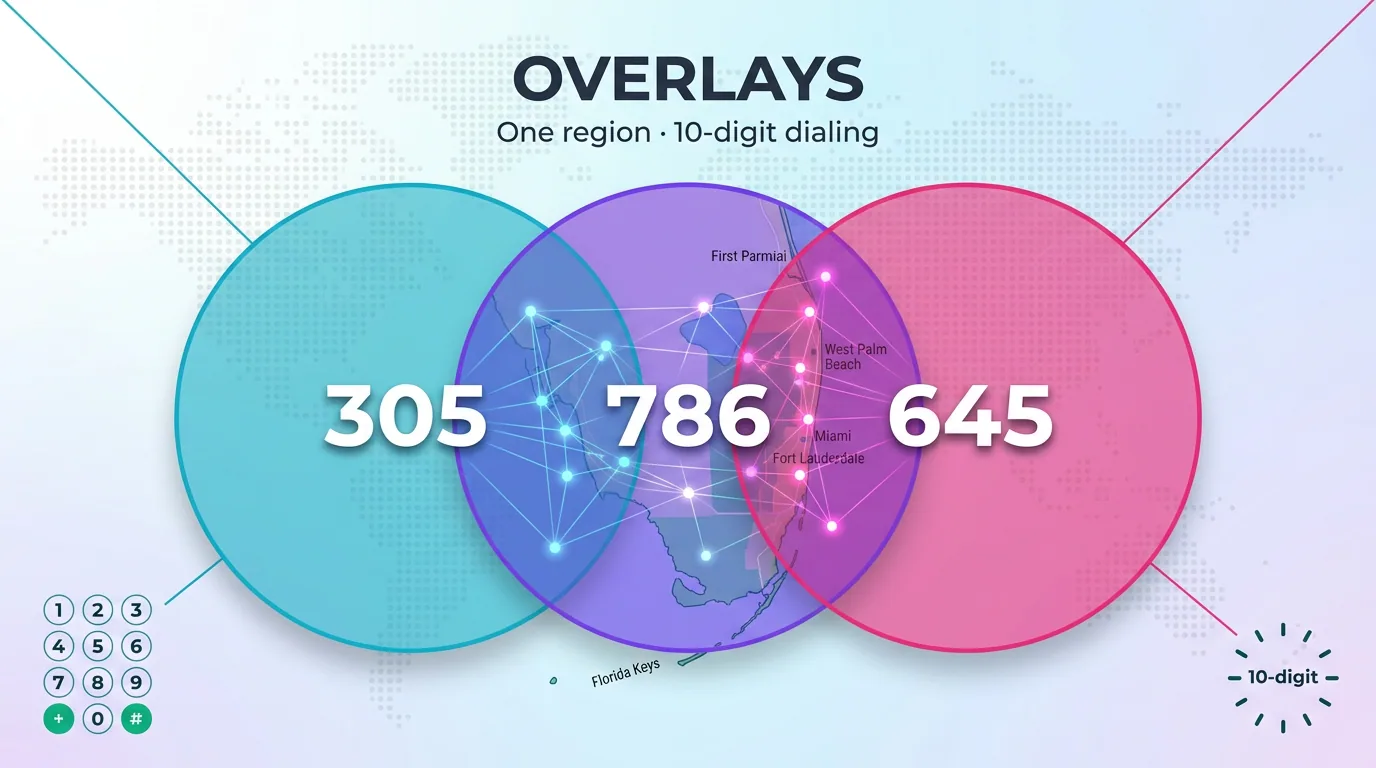 305, 786, and 645 overlays covering one region with 10-digit dialing