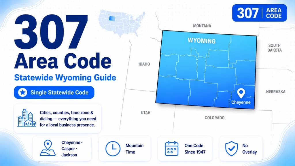 307 area code infographic with a Wyoming map highlighting Cheyenne, Casper and Jackson, a location pin, and a 307 badge