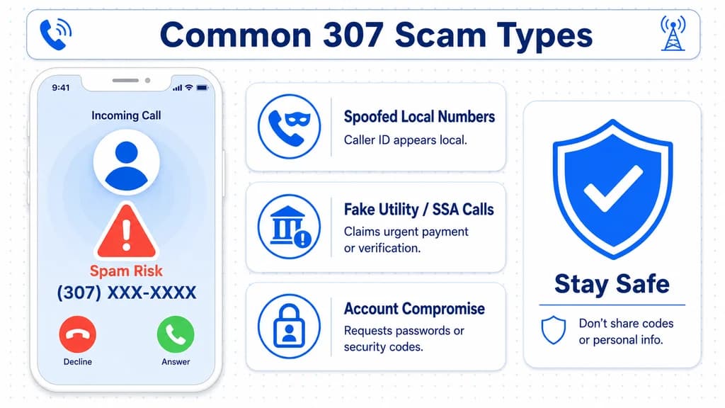 Flagged 307 spam-risk call beside common scam-type warning cards