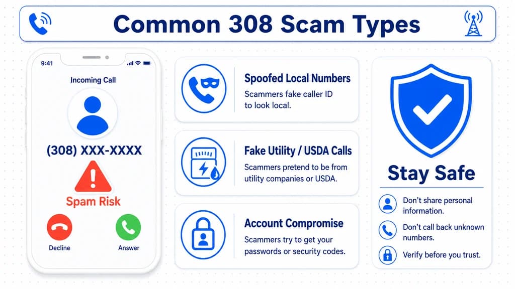 Flagged 308 spam-risk call beside common scam-type warning cards