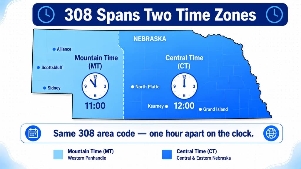Map splitting the 308 region into Central and Mountain time