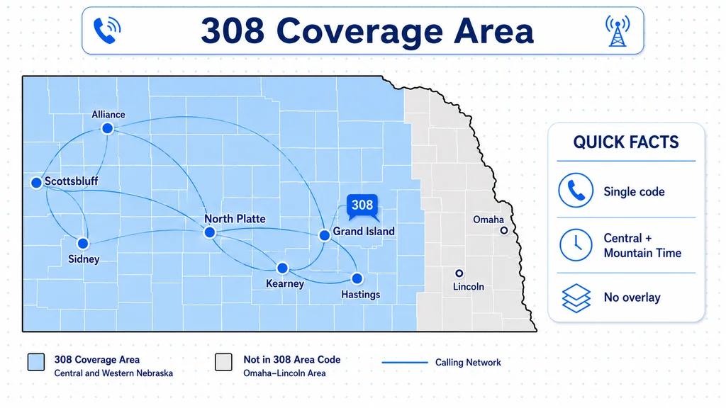Coverage map of central and western Nebraska marking major 308 cities