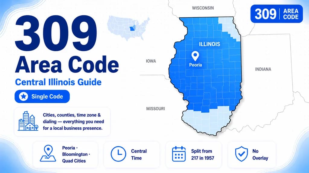 Map of central Illinois with Peoria pinned and a 309 area code badge