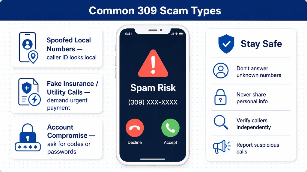 Flagged 309 spam-risk call beside common scam-type warning cards