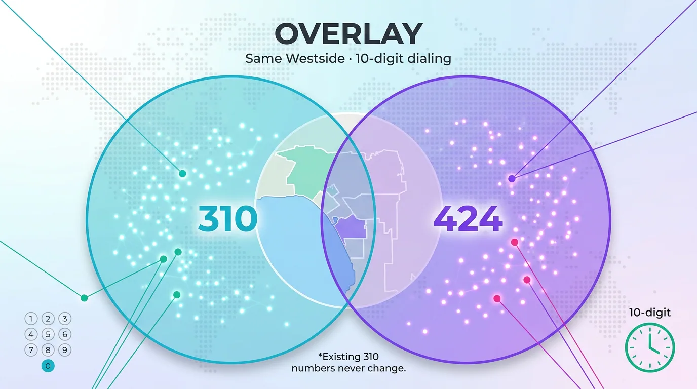 Venn diagram infographic of the 310 and 424 overlay sharing the same Westside region with mandatory 10-digit dialing