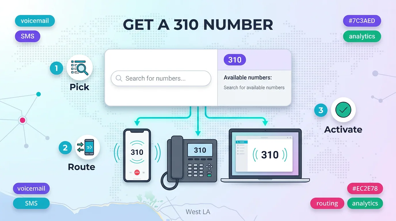 Get a 310 number infographic showing the three steps to pick, route and activate a 310 line across phone and devices