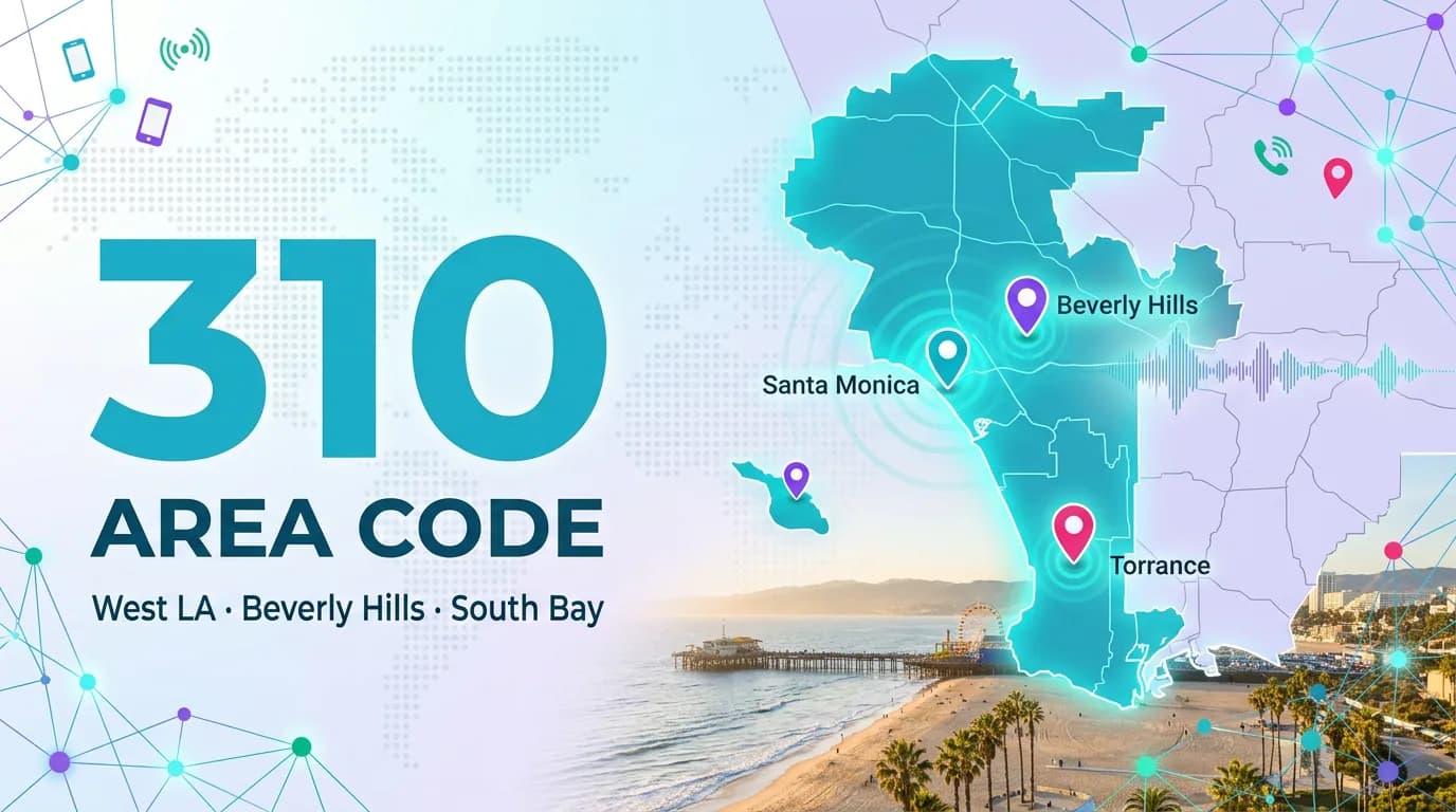310 area code infographic showing West LA, Beverly Hills, Santa Monica, Torrance and the South Bay coastline