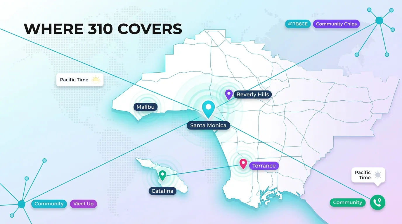 Map infographic of where the 310 area code covers, marking Malibu, Santa Monica, Beverly Hills, Torrance and Catalina Island in Pacific Time