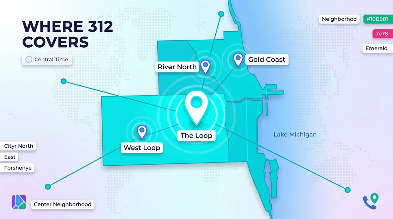 Map of where the 312 area code covers, including the Loop, River North, Gold Coast, and West Loop