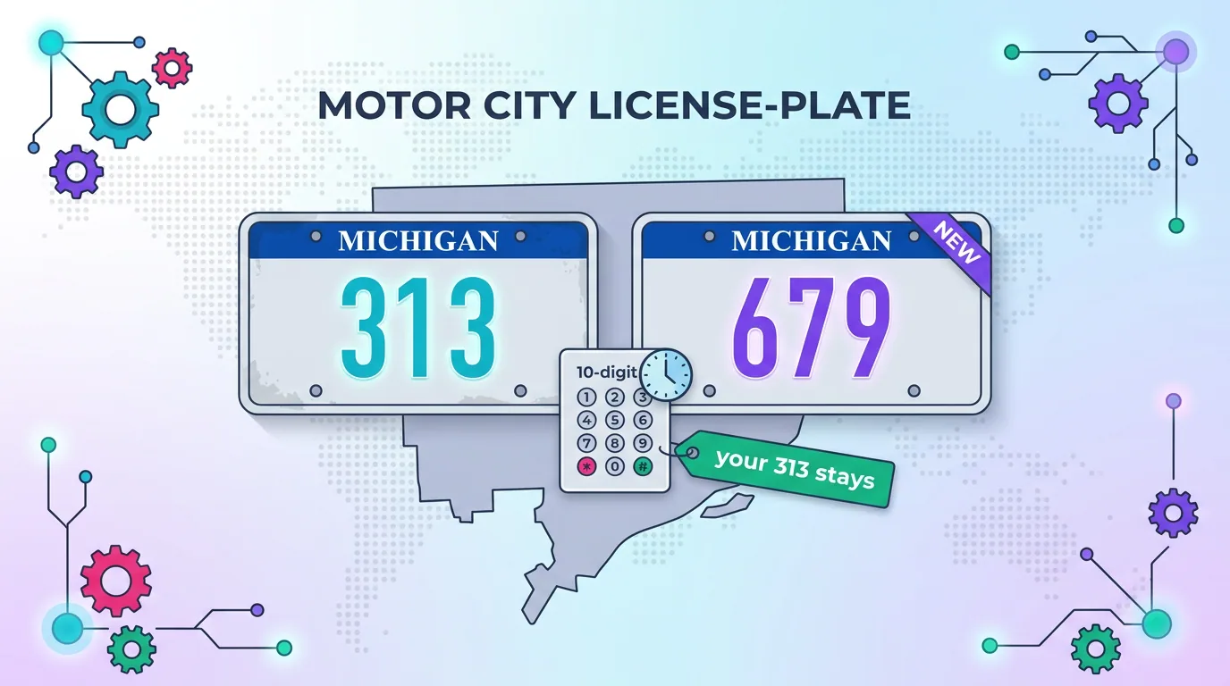 Michigan license plates showing the 313 and new 679 codes, noting your 313 number stays