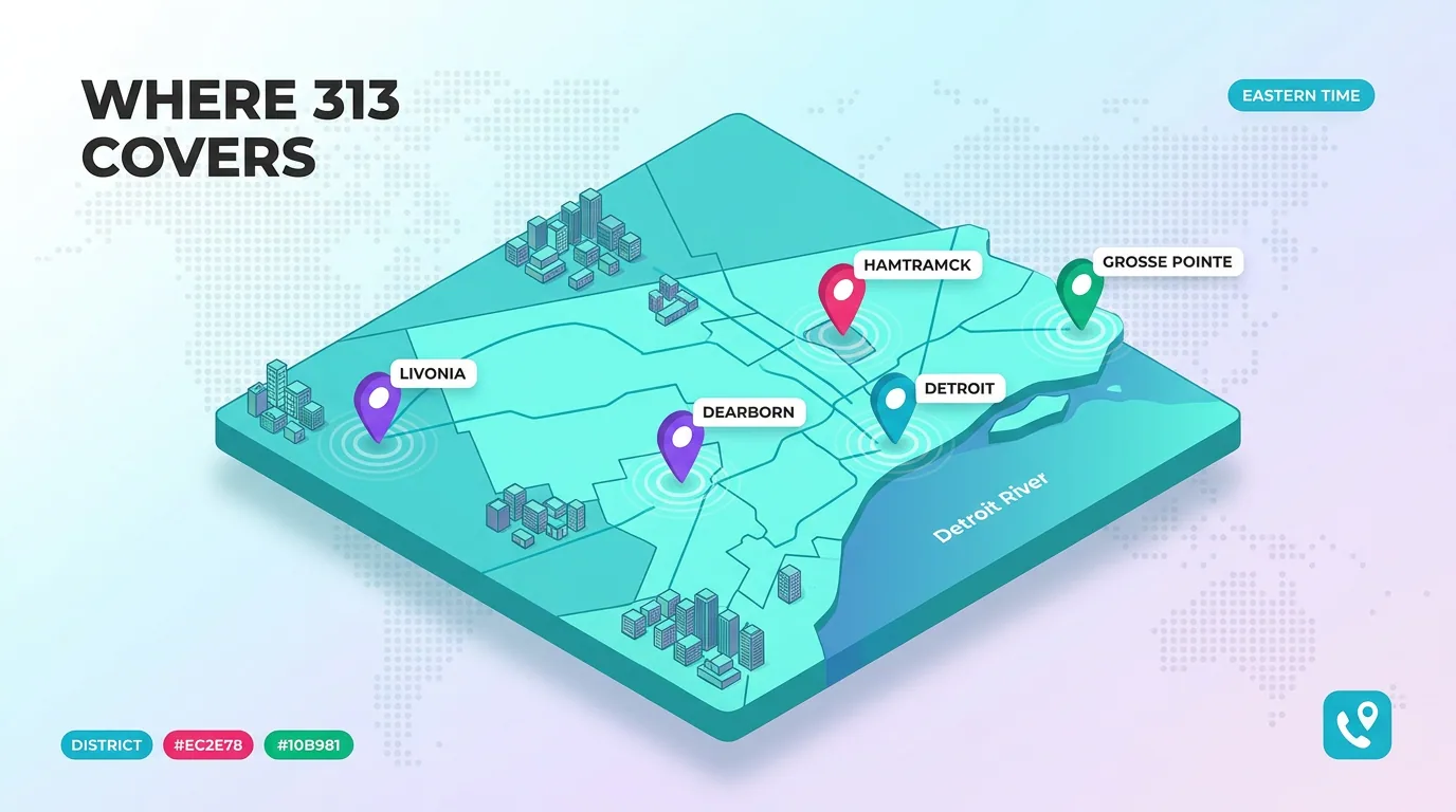 Map of cities the 313 area code covers, including Detroit, Dearborn, Livonia, Hamtramck and Grosse Pointe