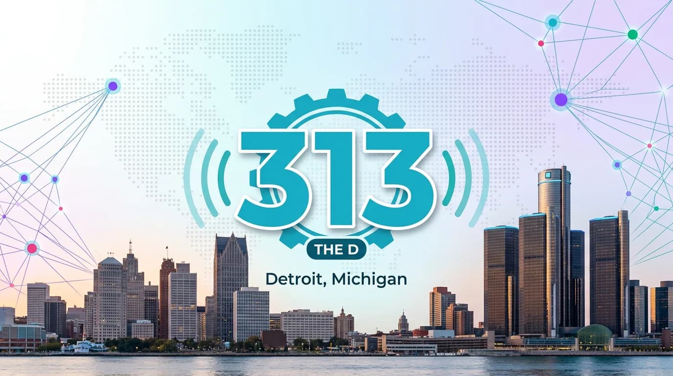 313 area code badge over the Detroit, Michigan skyline