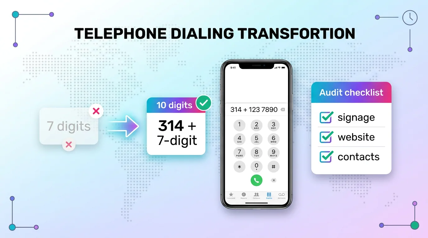 Diagram of the shift from 7-digit to 10-digit dialing with a business audit checklist for signage, website, and contacts