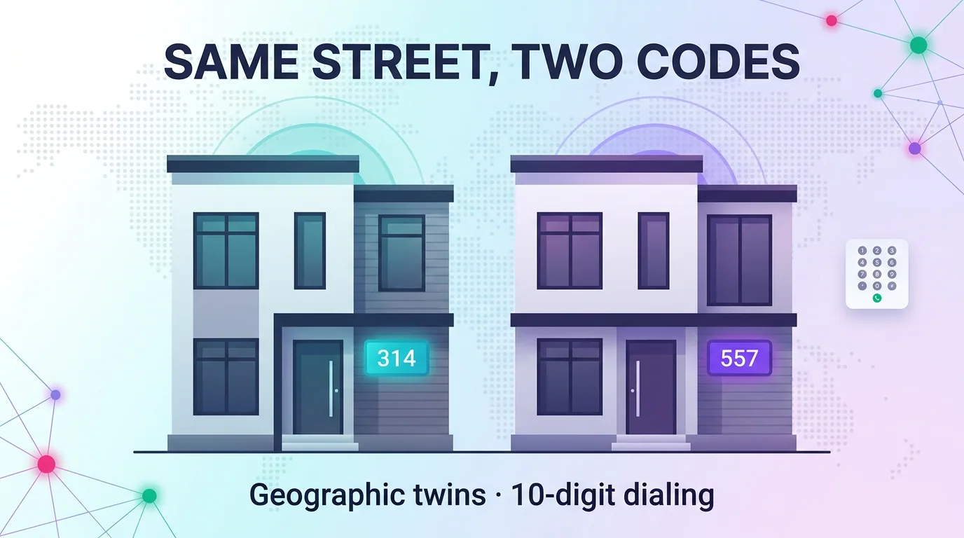 Two houses on the same street, one with a 314 code and one with a 557 code, illustrating geographic twin overlays
