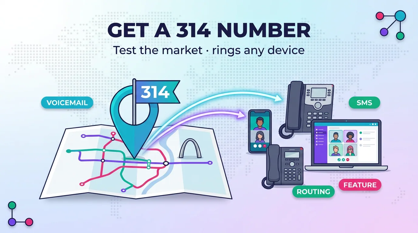 A 314 virtual number routing calls to a desk phone, mobile, app, and team with voicemail, SMS, and routing features