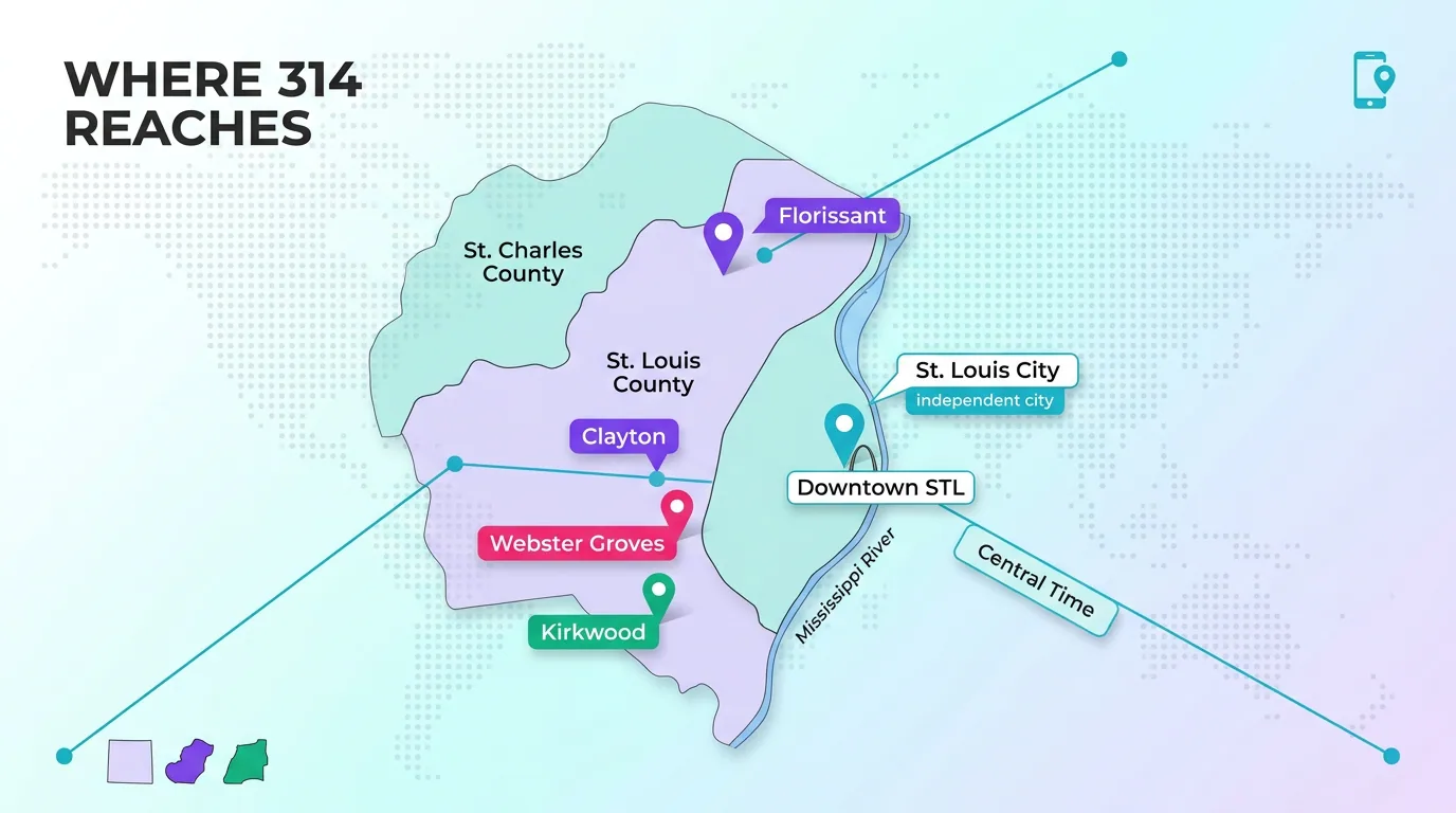 Map showing where the 314 area code reaches across St. Louis City, St. Louis County, and St. Charles County