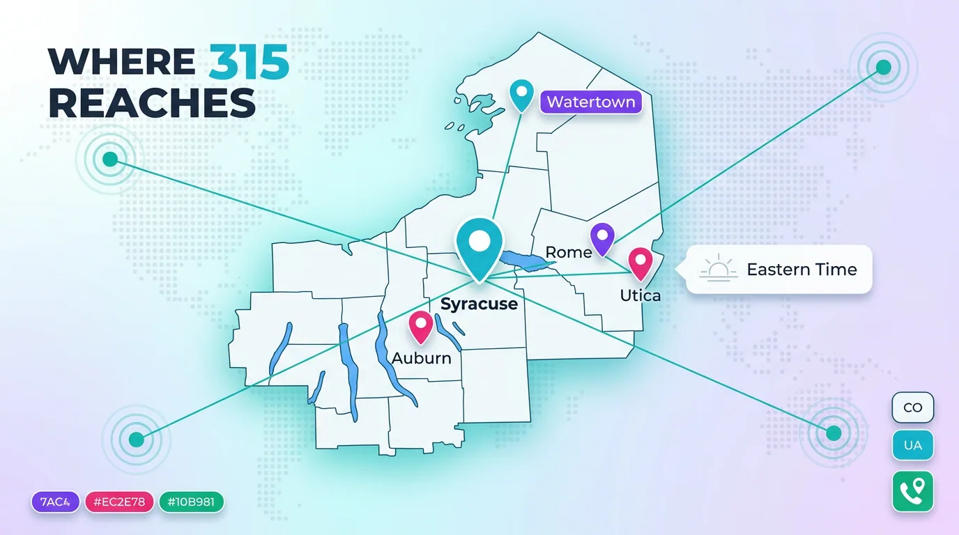 Map showing where the 315 area code reaches, including Syracuse, Utica, Rome, Watertown, and Auburn