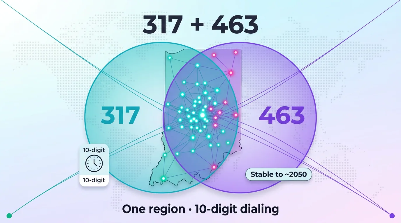 317 plus 463 overlay covering one region with ten-digit dialing, stable to around 2050