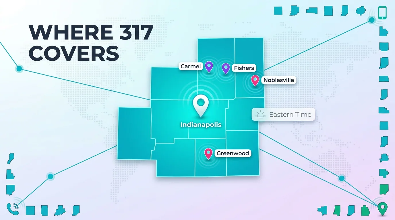 Map of where the 317 area code covers in central Indiana
