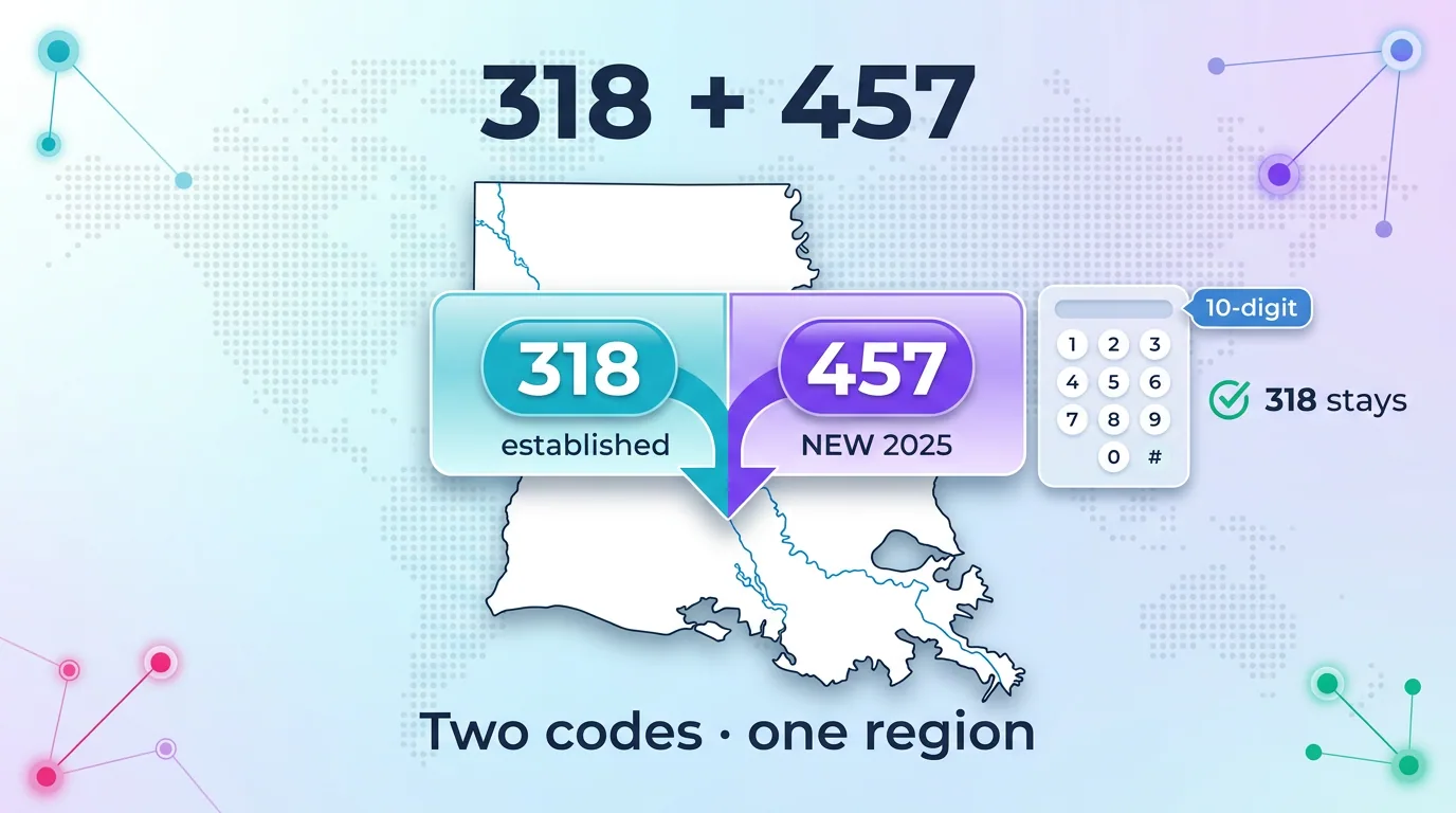 Infographic showing 318 plus 457 as two area codes for one region, with 318 established and 457 new in 2025 and 318 numbers unchanged