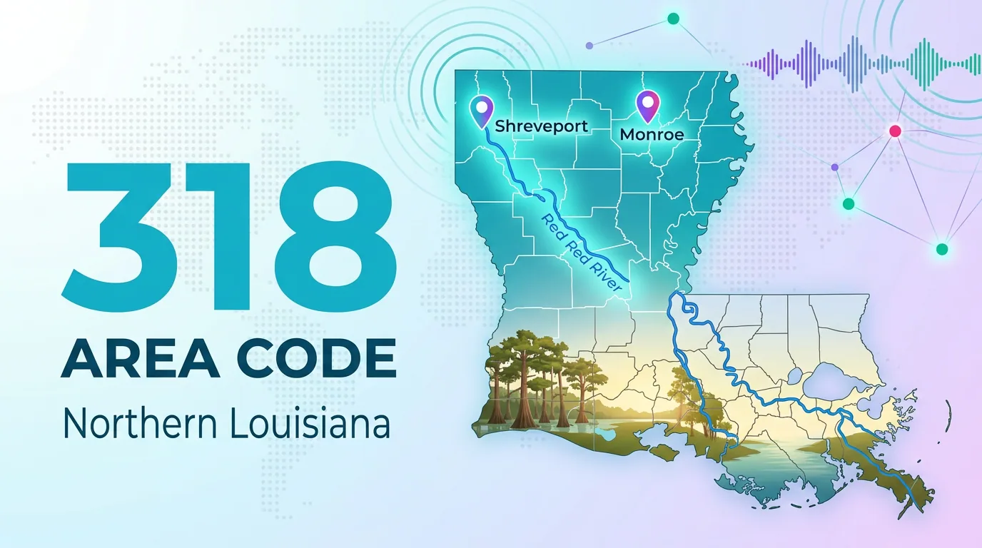 318 area code infographic showing Northern Louisiana with Shreveport and Monroe highlighted on a state map