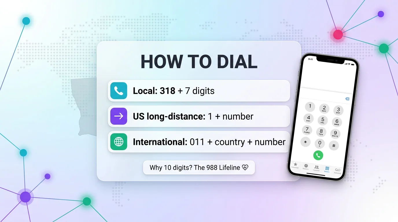 How to dial 318 numbers infographic covering local 10-digit dialing, US long-distance, and international calls, referencing the 988 Lifeline