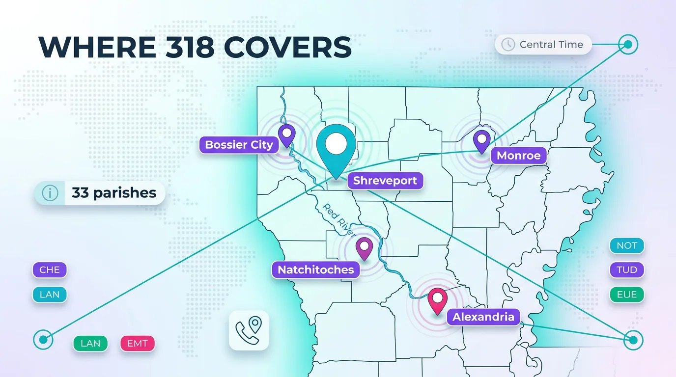 Map infographic of where the 318 area code covers, marking Shreveport, Bossier City, Monroe, Natchitoches and Alexandria across 33 parishes in Central Time