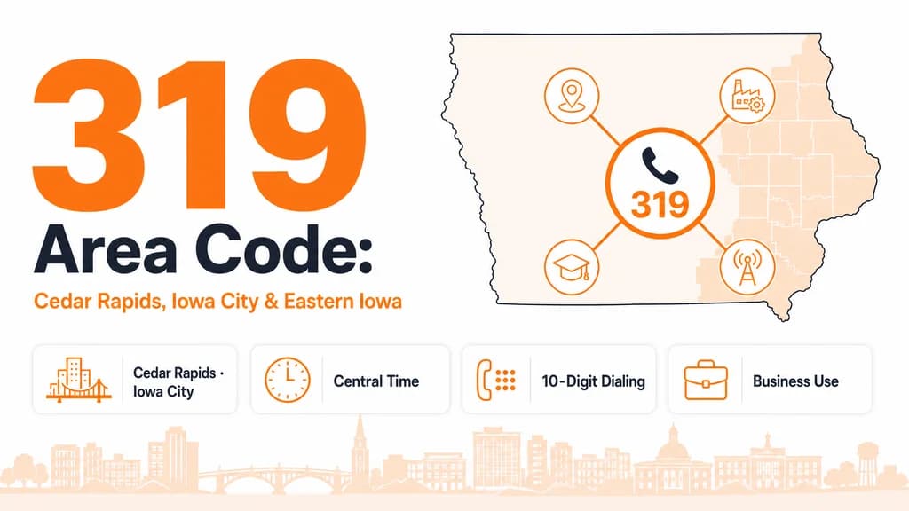 Map of eastern Iowa marking Cedar Rapids and Iowa City with a 319 area code badge and network diagram
