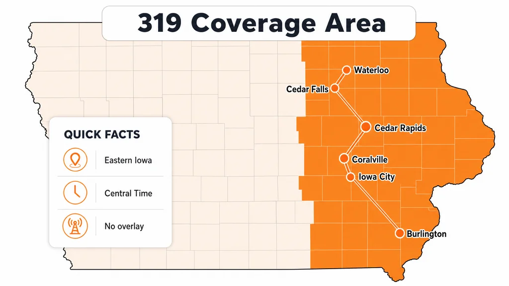 Coverage map of eastern Iowa marking major 319 cities