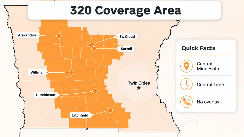 Coverage map of central Minnesota marking major 320 cities