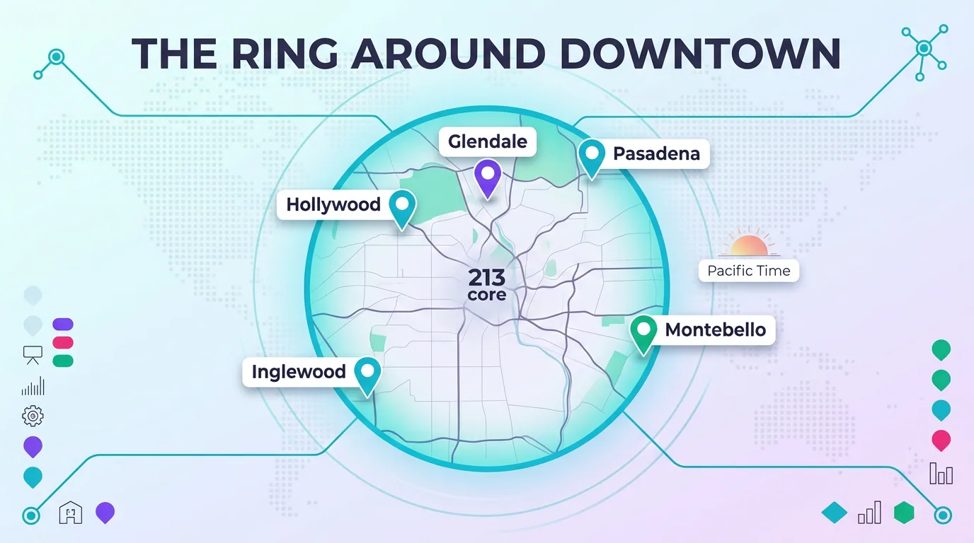 Map infographic showing the 323 area code as a ring of LA communities around the downtown core, including Hollywood, Glendale, Pasadena, Inglewood, and Montebello