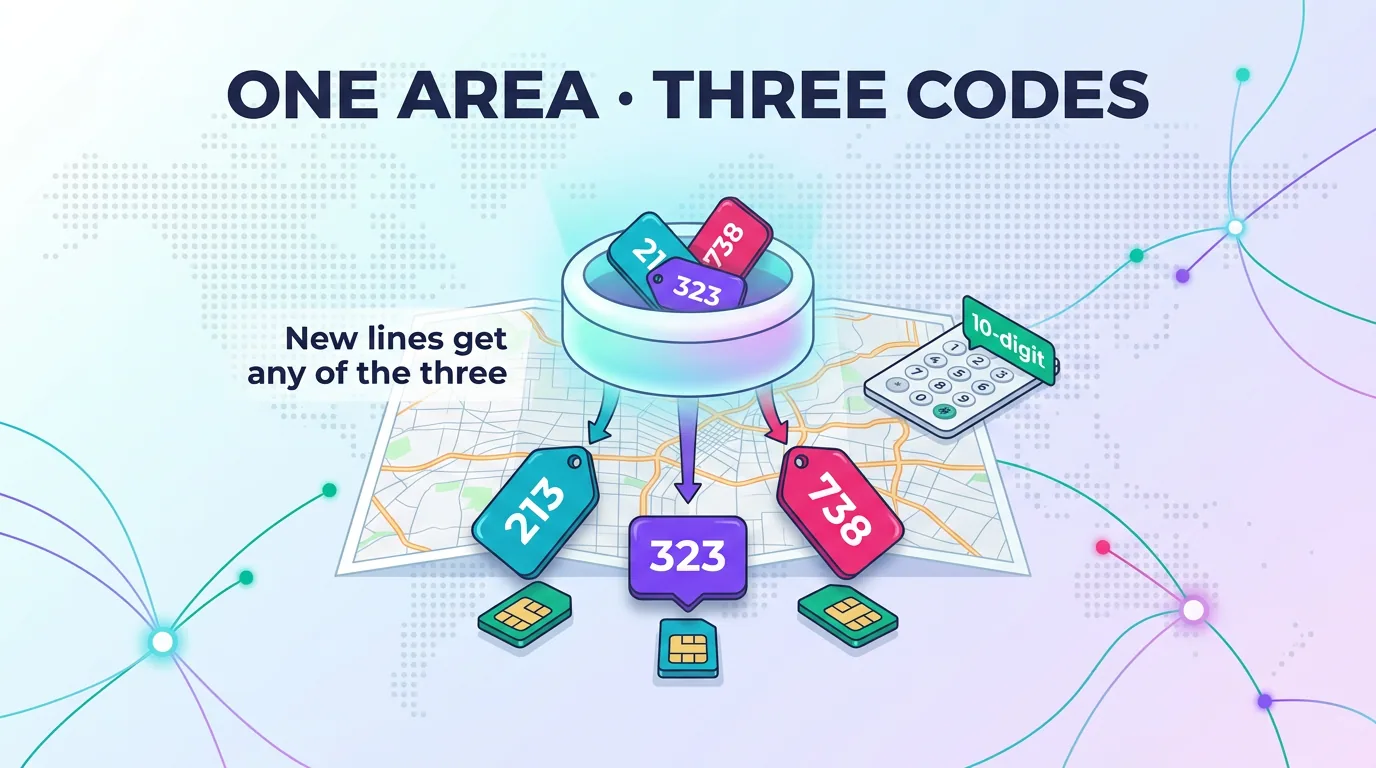 Infographic of one area served by three overlay codes, showing new lines assigned a 213, 323, or 738 prefix