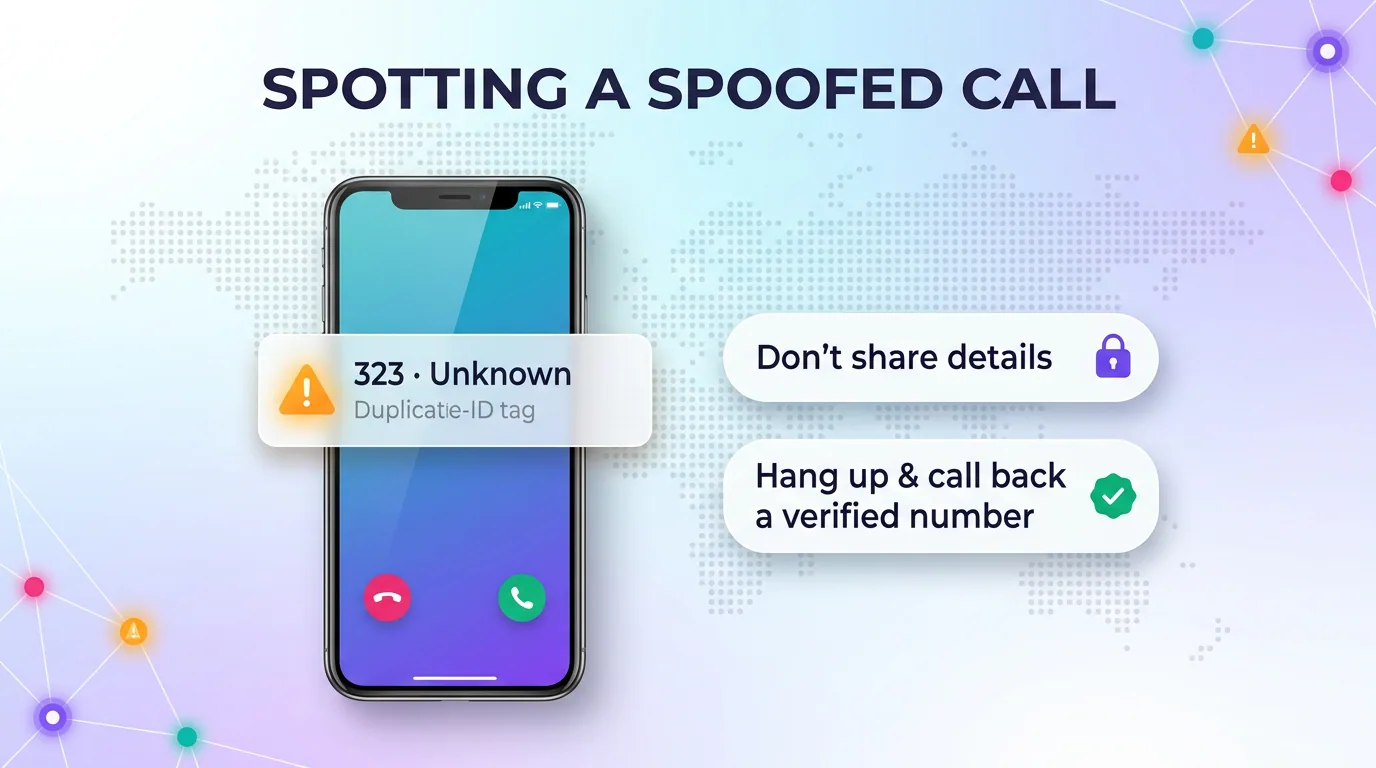 Infographic on spotting a spoofed 323 call, advising to not share details and to hang up and call back a verified number