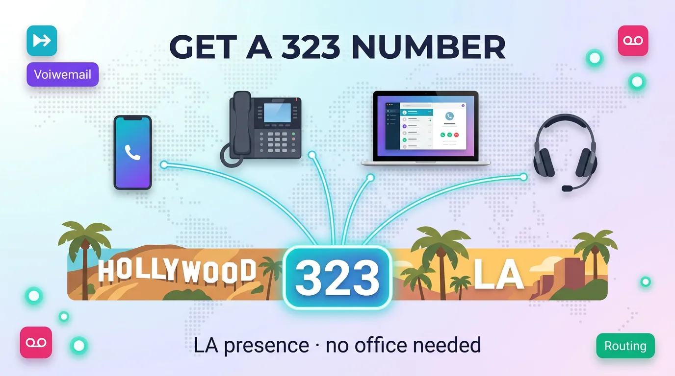 Infographic showing a virtual 323 number routing to phones, desktops, and headsets for an LA presence with no office needed