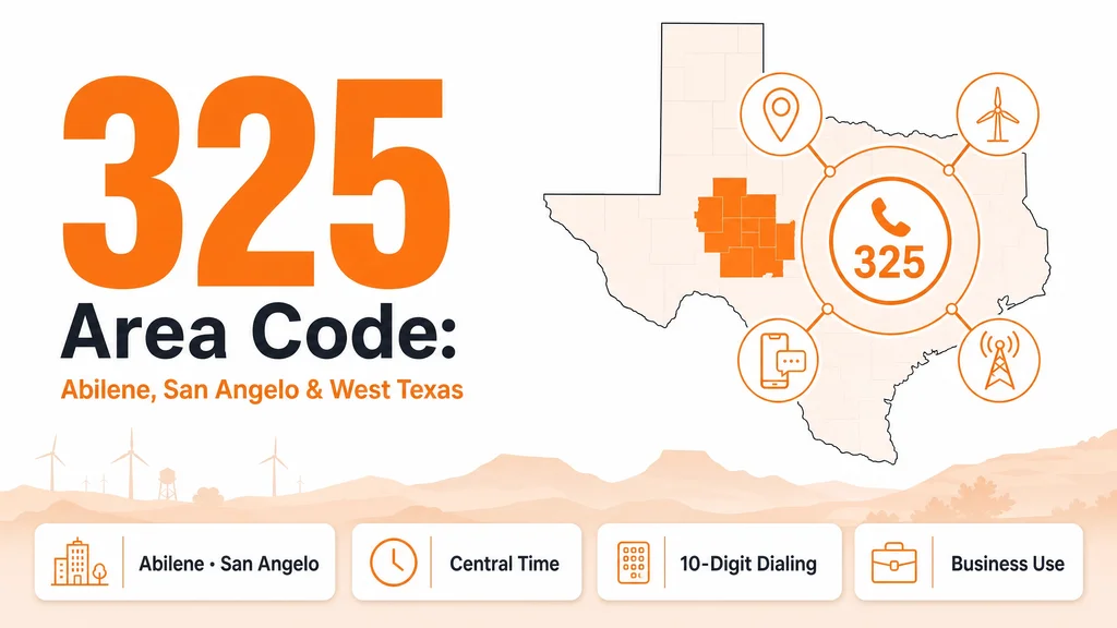 Map of west-central Texas marking Abilene and San Angelo with a 325 area code badge and network diagram