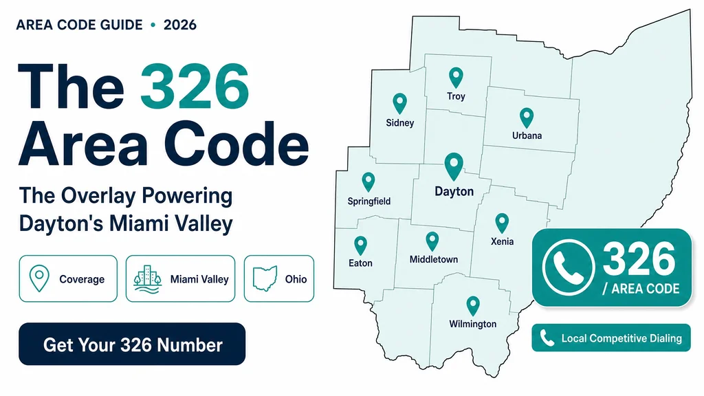 Map of southwest Ohio around Dayton with a 326 area code badge marking the overlay on 937