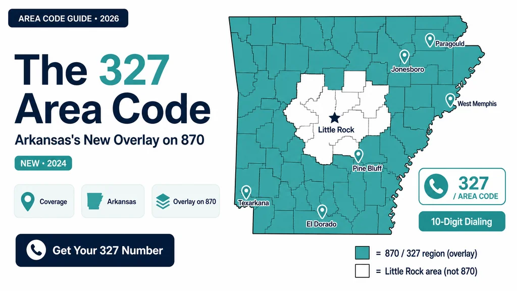 Map of the Arkansas 870 region with a 327 area code badge marking the new statewide overlay