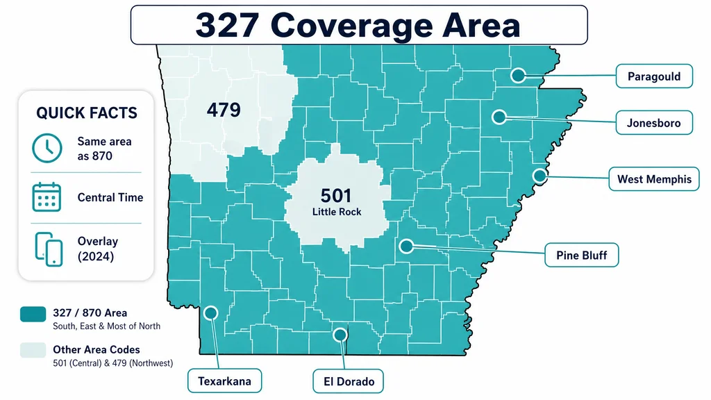 Coverage map of the Arkansas 870 region served by the 327 area code
