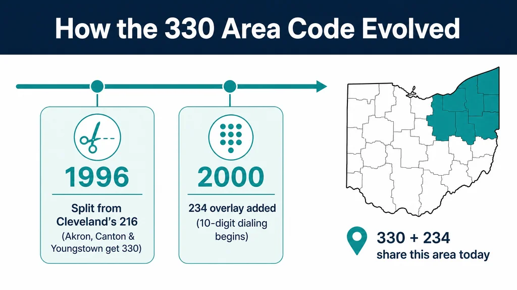 Timeline of the 330 area code: the 1996 split from 216 and the 2000 234 overlay