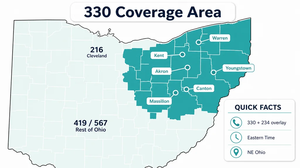 Coverage map of northeast Ohio served by the 330 area code