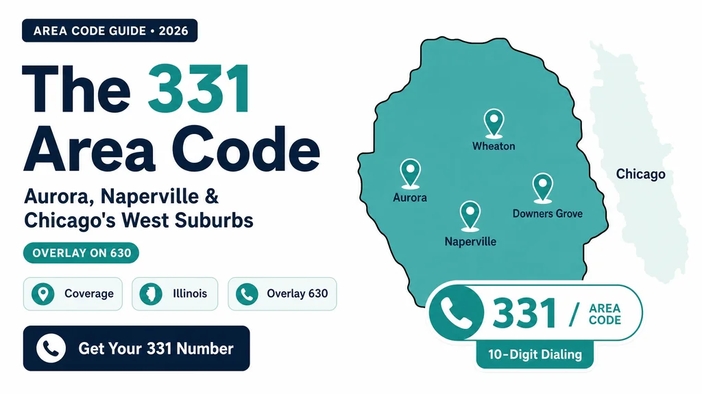 Map of Chicago's western suburbs and DuPage County with a 331 area code badge over the 630 region