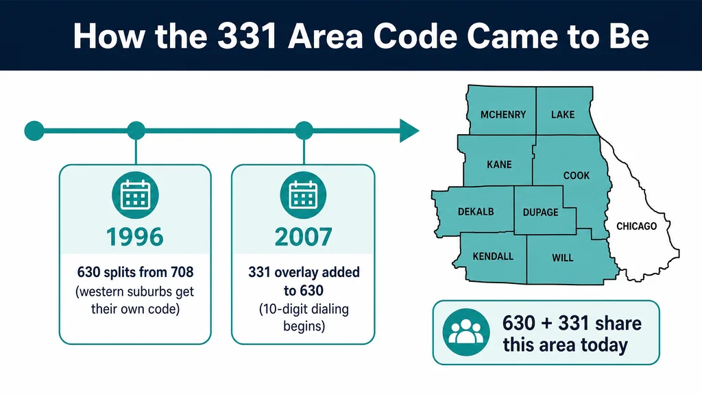 Timeline of the 331 area code: the 1996 630 split and the 2007 overlay