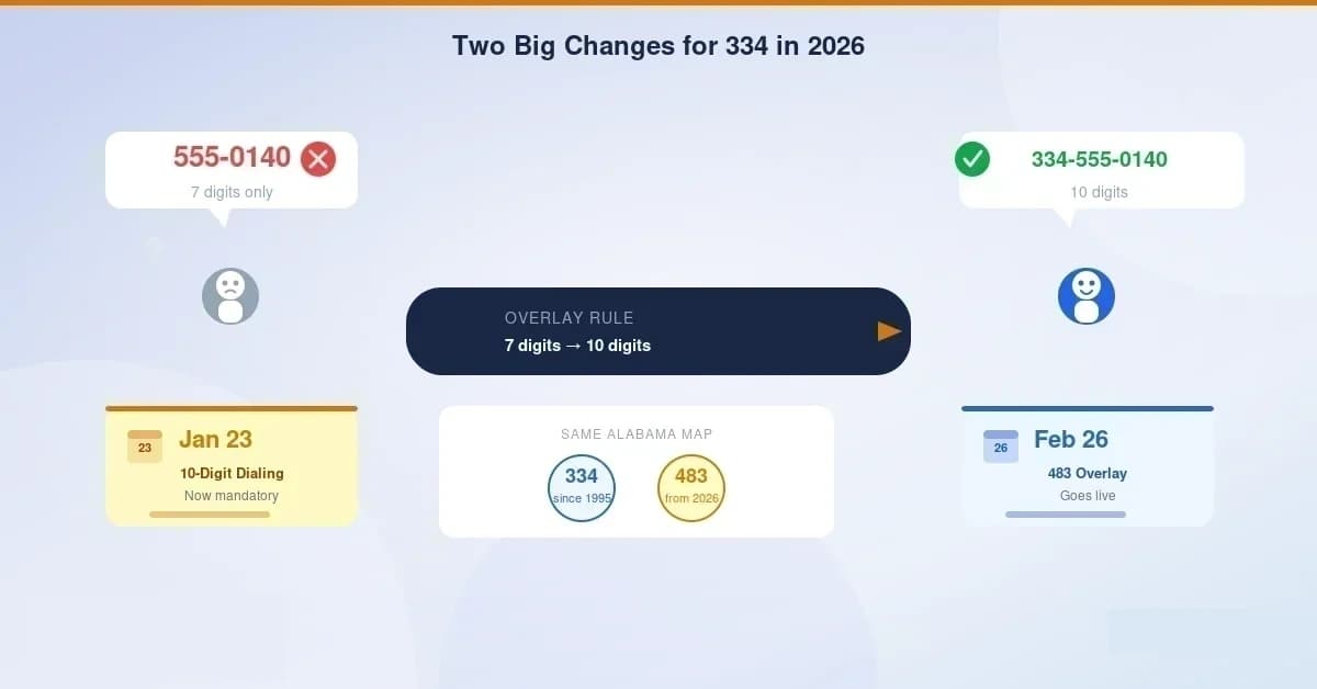 Two big 2026 changes for the 334 area code — 10-digit dialing mandatory starting January 23, 2026, and a new 483 overlay arriving February 26, 2026, both because the original 334 number pool is running low