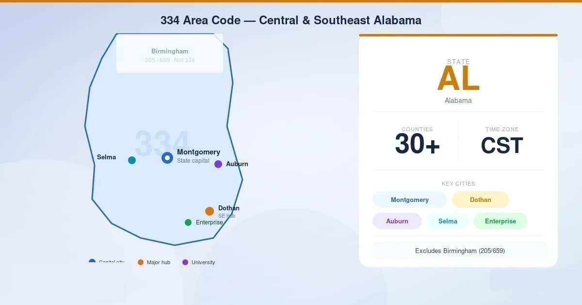 Map of 334 area code coverage across central and southeast Alabama — anchored by Montgomery and stretching from Selma through Auburn-Opelika down to Dothan, with Birmingham excluded